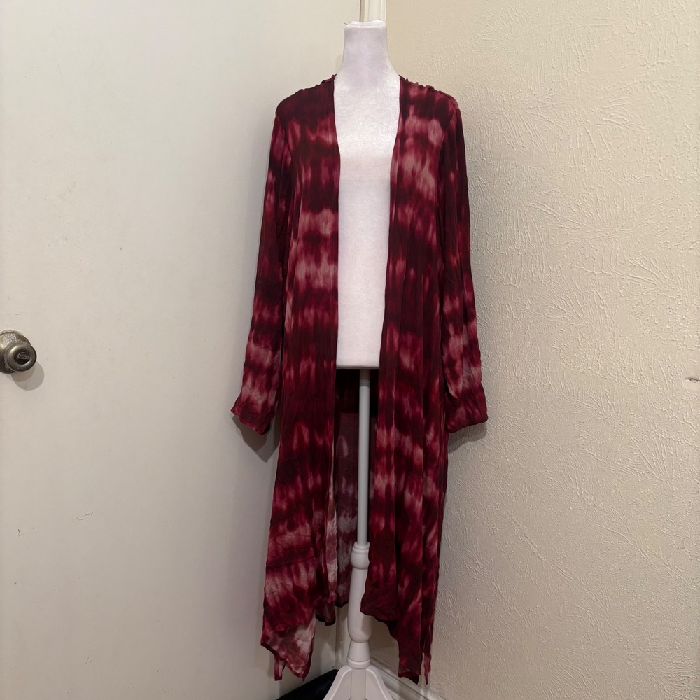 Red Tie Dye Longline Duster Cardigan Kimono Wrap Fall Boho Whimsigoth 70s 2X